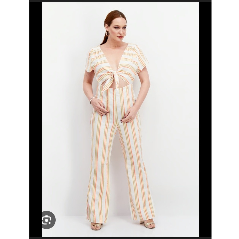 Kendall + Kylie Neon Striped Tie Front Cutout Wide Leg Linen Blend Jumpsuit Sz M